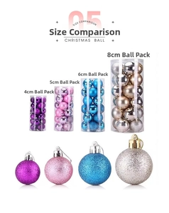 Size comparison of 4cm, 5cm, 6cm, and 8cm Christmas balls in shiny, matte, and glitter finishes
