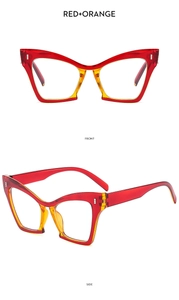 Front and side view of cat eye glasses frame in translucent red and orange