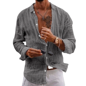 Men's casual grey cotton linen long sleeve shirt with button collar and relaxed fit