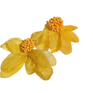 Handmade yellow tulle petal earrings with beaded center for women summer vacation style