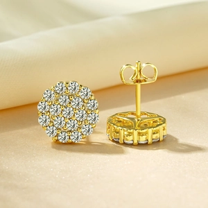 Elegant gold round stud earrings with shimmering white zircon stones for a luxury look