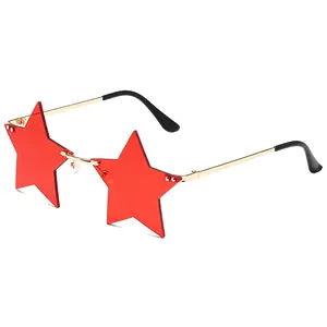 Creative star shaped rimless sunglasses with red lenses and gold metal temples