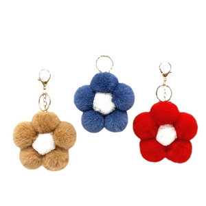Cute plush flower keychain pendants in khaki, blue, and red with gold metal rings