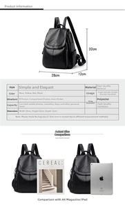 Detailed size chart showing 28x32x12cm dimensions for black leather backpack