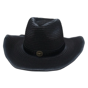 Western Cowboy Hat Woven Straw Wide Brim With Cattle Head Emblem Sun Protection Beach Style For Men And Women