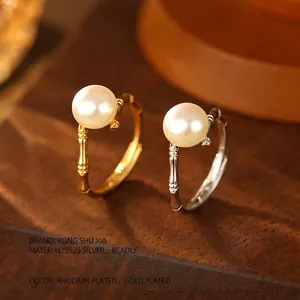 Elegant S925 sterling silver bamboo joint rings with white pearls in gold and silver