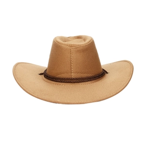 Classic Western cowboy hat in light brown suede finish with woven rope headband detail