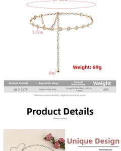 Detailed size specifications for rhinestone metal waist chain belt with 65+45cm length