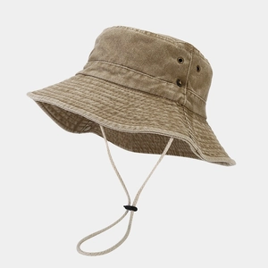 Khaki wide brim sun hat with adjustable chin strap for outdoor fishing and hiking