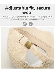 Detail of metal adjustment buckle on teddy fleece baseball cap for size control