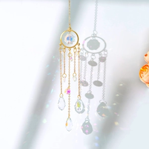 Golden metal moon and star crystal suncatcher with rainbow prisms for window decor