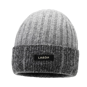 Winter rib-knit beanie for men featuring a grey color block design and warm fleece lining