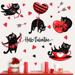 Valentine's Day black cat wall stickers with red hearts and Hello Valentine text