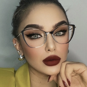 Chic cat-eye blue light blocking glasses with silver metal frames and black browline
