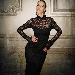 Women Elegant Black Lace Maxi Dress Sexy See-Through Long Sleeve High Neck Bodycon Party Dress Luxury Polyester Spandex Patchwork Mesh Gown