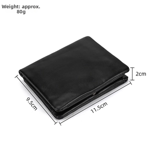Detailed dimension view of a black genuine leather wallet weighing 80g for men and women
