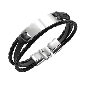 Men's minimalist black woven leather bracelet with silver polished metal ID plate