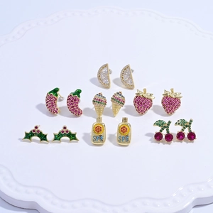 Creative Copper Fruit Zirconia Stud Earrings Pineapple Strawberry Cherry Banana Ice Cream Shape Colorful Stud Earrings For Women Jewelry