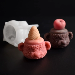Bear head silicone mold with strawberry and apple decor for DIY candles and cakes