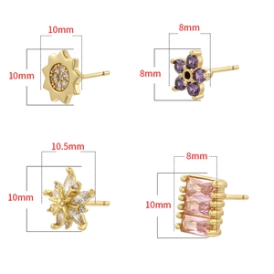 Set of four minimalist gold studs including floral and star shapes with cubic zirconia