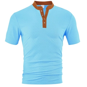 Men's sky blue short sleeve waffle knit Henley shirt with contrast brown button placket