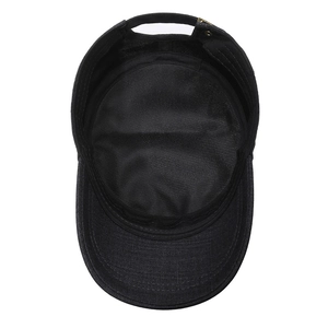 Black men's cadet cap with breathable mesh lining and adjustable metal buckle back