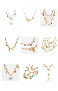 Detailed collection of 18K gold stainless steel necklaces with pearls and sun charms