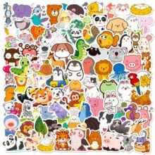 Flat lay of multiple colorful cartoon animal stickers including lions and pandas
