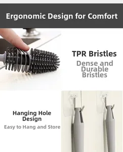 Detail of flexible gray TPR bristles and hanging hole for convenient storage