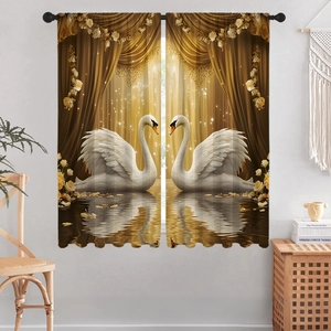Detail of 3D digital printed curtains featuring golden swans and floral valance pattern