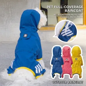 Outdoor pet raincoat detail showing waterproof hood and back pocket in blue and yellow