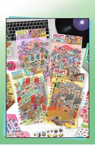 Detail of 2.5D isometric stickers featuring gaming room and record store scenes