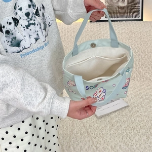Detail view of light blue canvas bag featuring a magnetic clasp and internal pocket