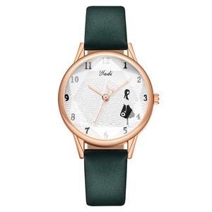 Elegante orologio al quarzo da donna con cinturino in pelle verde scuro e quadrante con ragazza