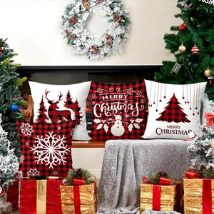Weihnachtskissenbezüge 4er-Set mit rot-schwarzem Karomuster, Elch und Schneeflocken-Motiv