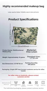 Detail view of linen leaf print makeup bag showing 17x25cm size and technical dimensions