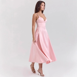 Elegant pink satin V-neck midi dress with slim fit and flowing court style design