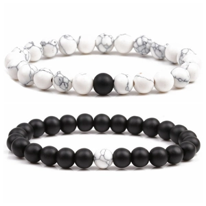 Distance beaded bracelets set with white turquoise and matte black onyx 8mm stones