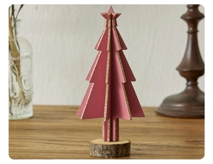 Pink wooden mini Christmas tree on natural wood base with golden glitter edges