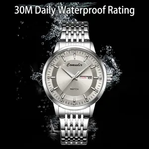 Montre homme étanche en acier argenté avec double calendrier et cadran lumineux