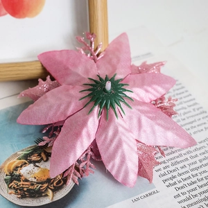 Flor de Navidad artificial rosa con purpurina y pétalos multicapa para decoración de árbol