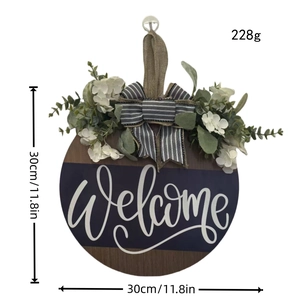 30cm round wooden welcome door sign with striped bow and artificial greenery decoration
