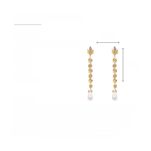 Detail showing crystal leaf earrings with drop pearls and exact dimensions in cm