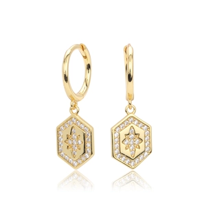 Macro detail of S925 sterling silver hoop earrings with gold hexagon star charm