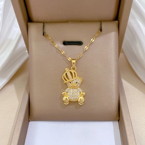 Sparkling Crown Bear Pendant Necklace Gold Tone Stainless Steel Chain Zircon Inlaid Copper Teddy Bear Elegant For Women