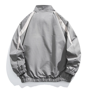 Men's casual grey stand collar jacket with white reflective stripes on sleeves