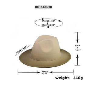 Detailed size specifications for the tan wool fedora hat with brim and crown measurements