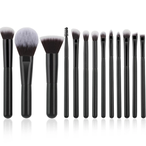 Set di 14 pennelli da trucco da viaggio con manici neri e setole sintetiche bicolore