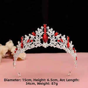 Baroque bridal crown with red rhinestones. Size: 15cm Diameter, 6.5cm Height, 34cm Arc
