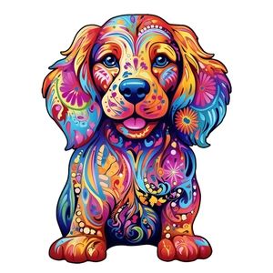 Irregular wooden puzzle for kids featuring colorful dog animal art for home decor